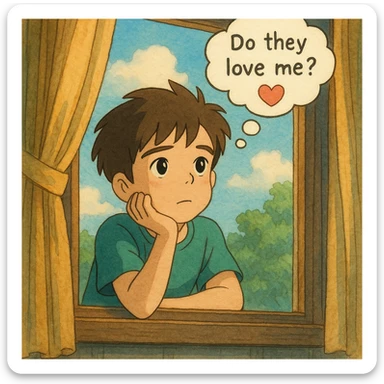 ghibli style illustration of a boy gazing out a window, dreamy expression, thought bubble with 'do they love me?' and a heart sticker