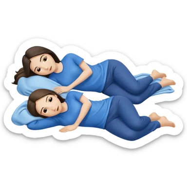 two white brunette women lying down full body on top of each other wrapped around each other one wearing a blue shirt they should be melting into each other. ONLY two women not three sticker