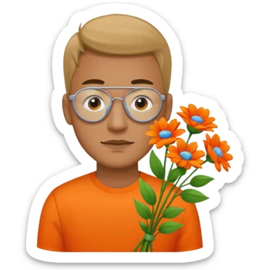Man with bright orange shirt shirt carrying a bunch of flowers with a patch over his eye sticker