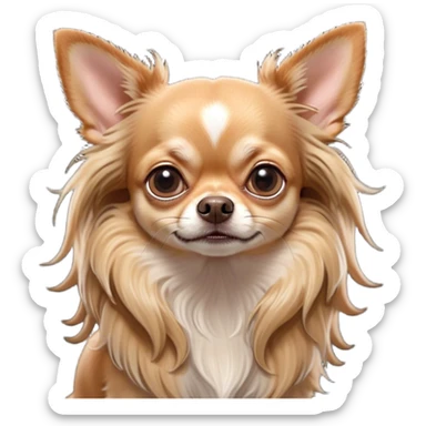 Cinematic Grumpy Long Haired Fawn Chihuahua Portrait Emoji, Head tilted slightly with a deeply unimpressed expression, thick, flowing fawn hair with natural highlights, large, droopy dark eyes narrowed into an unamused glare, ears slightly drooping in exasperation, Simplified yet comically expressive features, highly detailed, glowing with a dry, sarcastic glow, high shine, effortlessly judgmental yet dignified, stylized with a touch of cynicism, bright but brooding, soft glowing outline, capturing the essence of an eternally unimpressed yet endearing companion, so lifelike it feels like it could sigh heavily at you in disdain at any moment! sticker