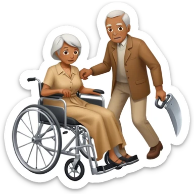 Mujer con cuchillo en la mano, empujando un anciano en silla de ruedas sticker