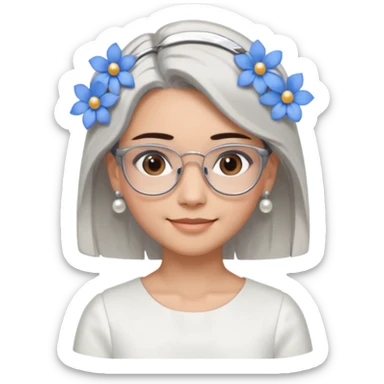  Emoji of a smiling girl with neck-length straight brown hair, fair tan skin, brown eyes, soft black brows, wearing silver glasses, pearl earrings, white hair clips, and blue flowers in her hair. She's in a clean white dress or shirt, with a soft clean girl aesthetic on a white background sticker