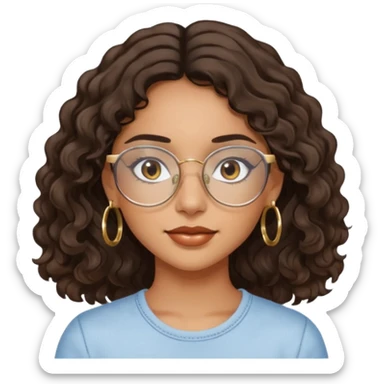 Make a girl with dark brown wavy hair and brown eyes she's tan latina and she has clear glasses and small hold hoop earings sticker
