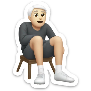 The image show a white legs with hair on them sitting. They are wearing a dirty socks . Their legs are extended, with one foot closer to the camera showing bottom of socks. The person is wearing white socks with no shoes , one of which is on the floor. sticker