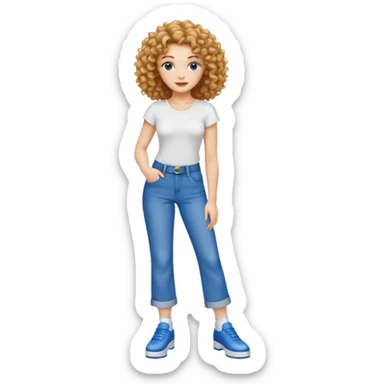 Meuf Cleane tête fine très très très belle cheveux bouclé haut blancs et jean bleu large avec des samba  sticker