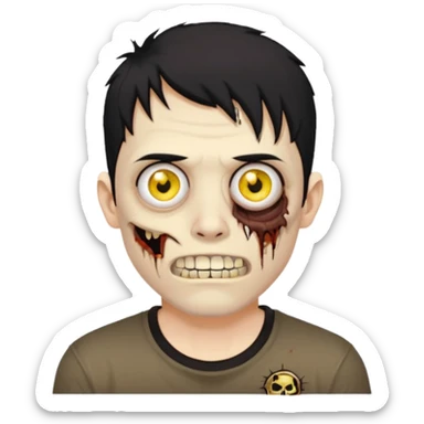I want you to give me a zombie man who has golden teeth, yellow eyes, eyebrows and black hair, the hair I want to be a modcut cut and is wearing a brown affliction T-shirt and thin circular lenses sticker