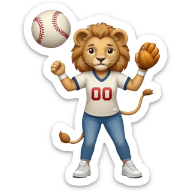 confident anthropomorphised female lion wearing a baseball shirt, jeans, and trainers, lifting an object sticker