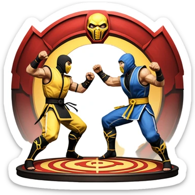 An icon showing two fighters in combat poses, inspired by Mortal Kombat. One character delivers a powerful kick, while the other blocks. The background features an iconic arena from the game with life bars at the top, symbolizing intense battles. Transparent background. sticker