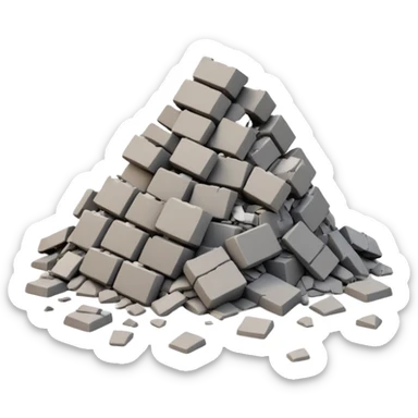 3D iPhone style emoji of a pile of bricks, roof pieces, and wall rubble, scattered and broken, isolated on white background, soft shadows, high detail, playful and cute sticker
