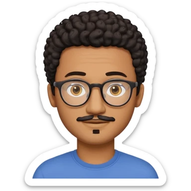 A friendly person with medium-brown skin, large warm brown eyes, thin rectangular glasses, a short mustache and small goatee, black short curly hair. Rounded face, calm slight smile. Head-and-shoulders emoji style, bold outlines, simple shapes, bright colors, transparent background. sticker