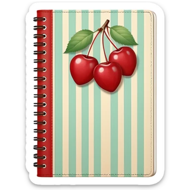 Cute vintage notebook cover, mint and cream vertical stripes, red spine
Hand-drawn cherries with leopard bow, playful feminine aesthetic
Flat illustration, clean composition, soft retro color palette sticker