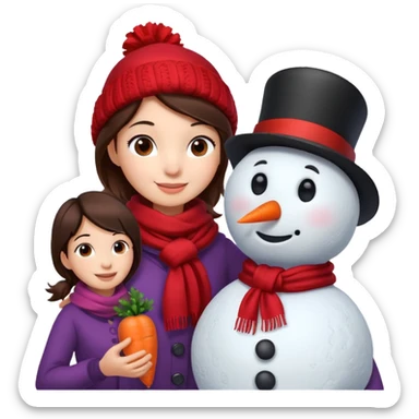 Cartoon girl with brown hair and scarf, building a snowman. Cartoon boy with black hair, placing a carrot nose on the snowman, smiling sticker