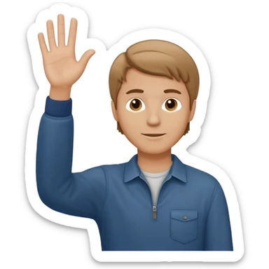 A white man in casual clothes, standing, waving his hand, with light brown hair sticker