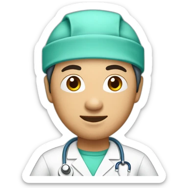 Asian vascular surgeon with scrub cap and scrubs sticker