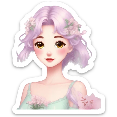 Gorgeous pastel anime style lady with blushing face and lilies cottagecore fairycore pastelcore colorful pearly romantic simplistic aesthetic trending style sticker