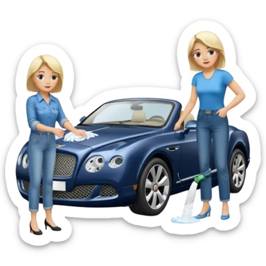 A fatter old blond lady in blue jeans washing a black Bentley car. show the full car and the lady next to it. show the face smaller and the person standing beside it sticker