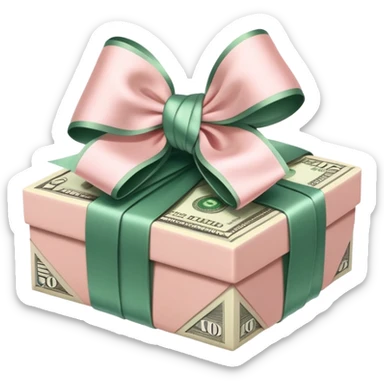 Neat money stack tied with a blush satin bow, muted green bills, soft luxury rich sticker