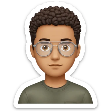 Young Latino man with small oval face, big forehead, aviator glasses, shaved sides with short curly hair on top, neutral-friendly expression, brown skin, black t-shirt sticker