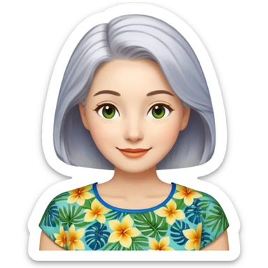 A woman with light complexion, oval face with soft rounded features, full cheeks, gentle almond-shaped eyes with subtle smile lines, longer silver-gray hair parted to the side, wearing a vibrant short-sleeved blouse with tropical print in blue, green, and yellow, exuding warmth and joy. sticker