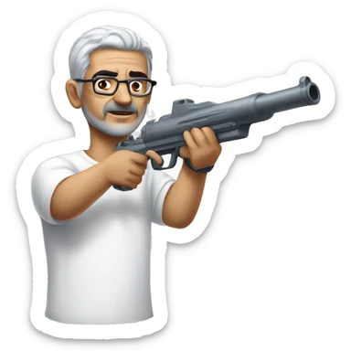 Turkish man with grey hair and protective glasses and white t-shirt aiming a water gun with one hand while standing sideways sticker