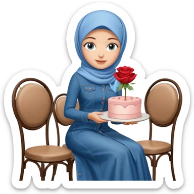 Turkish beautiful finish Konya girl blue eyes with denim hijab long tail dress and sits on the modernized coffee house on a white chair and holds rose cake with her hand  sticker