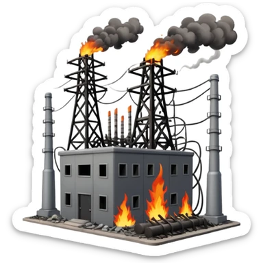 an exploded, destroyed electrical substation with towers sticker