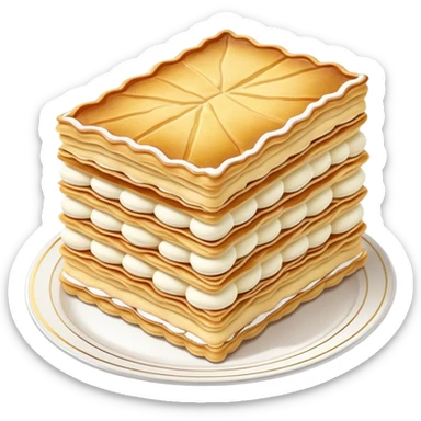 Cinematic delicate mille-feuille, thin crispy pastry layers filled with smooth vanilla cream, dusted with powdered sugar, elegant presentation, highly detailed and sophisticated. sticker