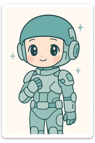 anime style human sci-fi soldier with a dark turquoise helmet, cybernetic enhancements, high-tech suit sticker