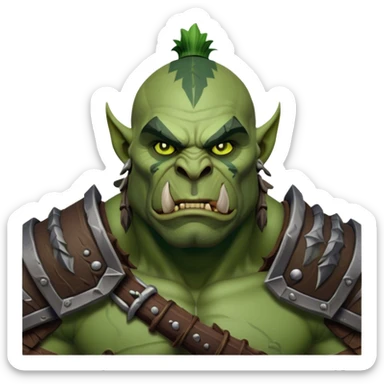 Cinematic Realistic WoW Orc Warrior Portrait, head tilted epicly and inquisitively, showcasing a commanding presence and raw, unyielding power. His battle-hardened green skin and muscular form, accented by meticulously crafted tribal armor in deep earthy hues, are rendered with lifelike clarity and dynamic lighting, high shine, epic and awe-inspiring, embodying the relentless spirit of an orc warrior ready for battle. sticker