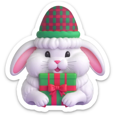 fluffy white angora rabbit wearing red and green plaid Christmas hat held in hands sticker