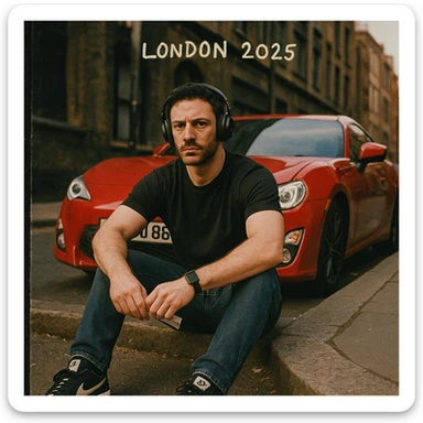 Grunge-style analog photo, London 2025, person inspired by the reference image sitting on the curb in front of a Nissan GT 86, model pose, black t-shirt, jeans, Nike Air Jordan low, using flash, city street, analog grain, 5/8. sticker