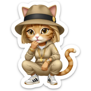 female cat wearing Run DMC hip-hop outfit with tracksuit, fedora, Adidas sneakers, many gold chains, rings, bracelets, flashy earrings, whispering to a friend, no sunglasses sticker