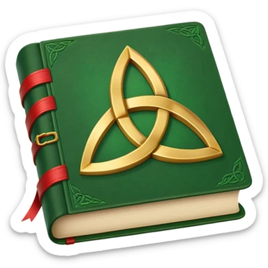 a green closed book with a golden triquetra on it with a red ribbon between the paged sticker