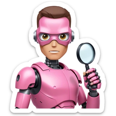 friendly looking schwarzenegger-looking half robotic half human pink terminator holding magnifying glass, upper body sticker