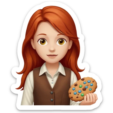 white girl scout with red long hair selling cookies with a brown vest and white shirt under vest. She should be around 10 years old sticker