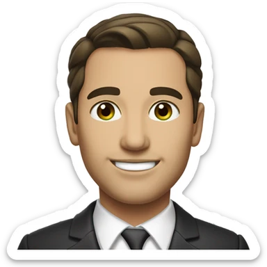 Lawyer with a thin build, dark brown hair slicked back without parting, and gray-green eyes, smiling sticker