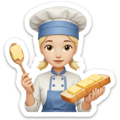 Young female baker - white chef hat, spreading butter on bread sticker