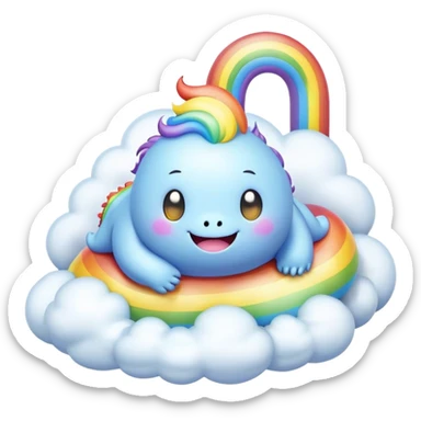 3D, Kawaii derpy fat rainbow monster laying on a magic rainbow cloud, rich textures, visually detailed, so lifelike that it feels like it could leap off the page at any moment sticker