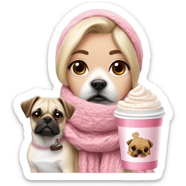 Blonde girl with white scarf pink jumper cup of hot chocolate, marshmallows a flake and cream. With a jack russel mix pug brown dog sticker