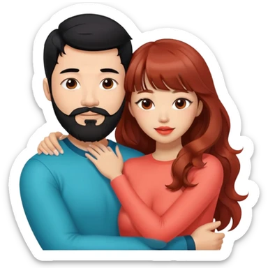 sexy asian man with black hair and beard, hugging cute tan skin woman with long wavy reddish brown hair with bangs and coral lipstick sticker