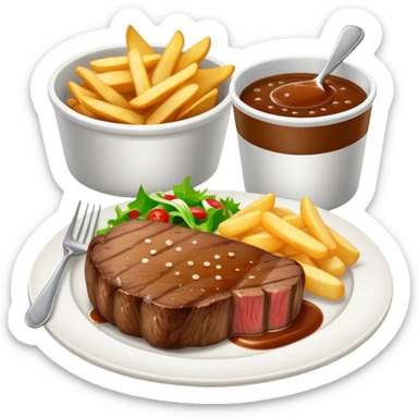 big juicy australian steak meal featuring chips, small salad in a ramikan and gravy  sticker