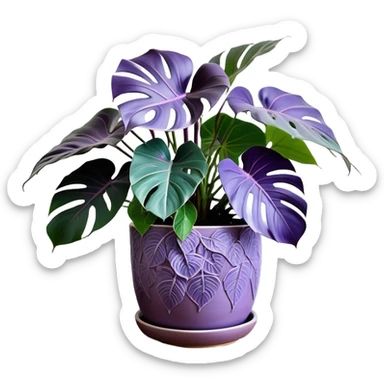A stunning purple monstera plant with deep violet-green leaves, each leaf elegantly veined with subtle shades of purple, creating an ethereal glow. The plant is flourishing in a beautifully crafted lavender ceramic pot with intricate embossed floral patterns. The background features a softly blurred, moody violet gradient, enhancing the plant’s lush aesthetic. Delicate strands of ivy and tiny lavender blossoms cascade around the pot, adding depth and harmony. Soft, diffused lighting casts a gentle glow, emphasizing the plant’s unique coloration and creating a dreamy, artistic composition. sticker