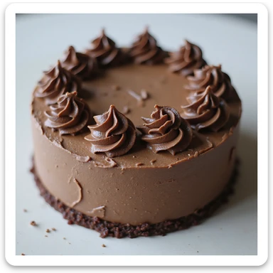 realistic round cake with mocha frosting and chocolate curls, photorealistic style sticker
