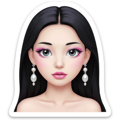 asian long black hair silver grey eyes glossy lips glittery white and pink eyeshadow girl pearl earrings sticker