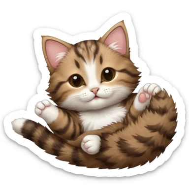 dark brown tabby and white kitten in funny positions stretched our upside down with eyes closed sticker