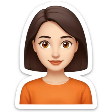 Warm enthusiastic woman with light skin, oval face, soft defined features, large expressive brown eyes, medium arched eyebrows, small nose, medium lips with relaxed smile, long dark brown hair, wearing an orange blouse sticker