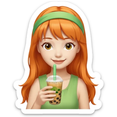 Create an emoji of a fair-skinned woman with long orange hair, bangs, and a green headband, holding a cup of bubble tea. sticker