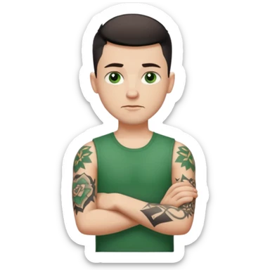 White young man with short black taper fade hair cut and slight goatee and neutral expression with his arms folded. Green eyes and arm tattoos sticker