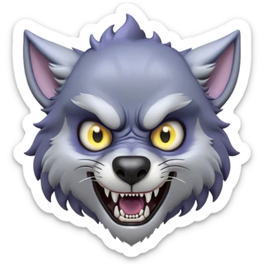 Cinematic Comical Werewolf Portrait Emoji, with a whimsically exaggerated lupine face in vivid moonlit grays and silvers, head cocked in a dramatically shocked expression with comically oversized, wide eyes and a playful snarl, simplified yet hilariously expressive, highly detailed with a soft cartoonish glowing outline capturing the mischievous humor of a werewolf mid-transformation! sticker