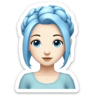 A chibi girl with pale skin, blue hair, light blue eyes, two bun hair, and blue clothes sticker